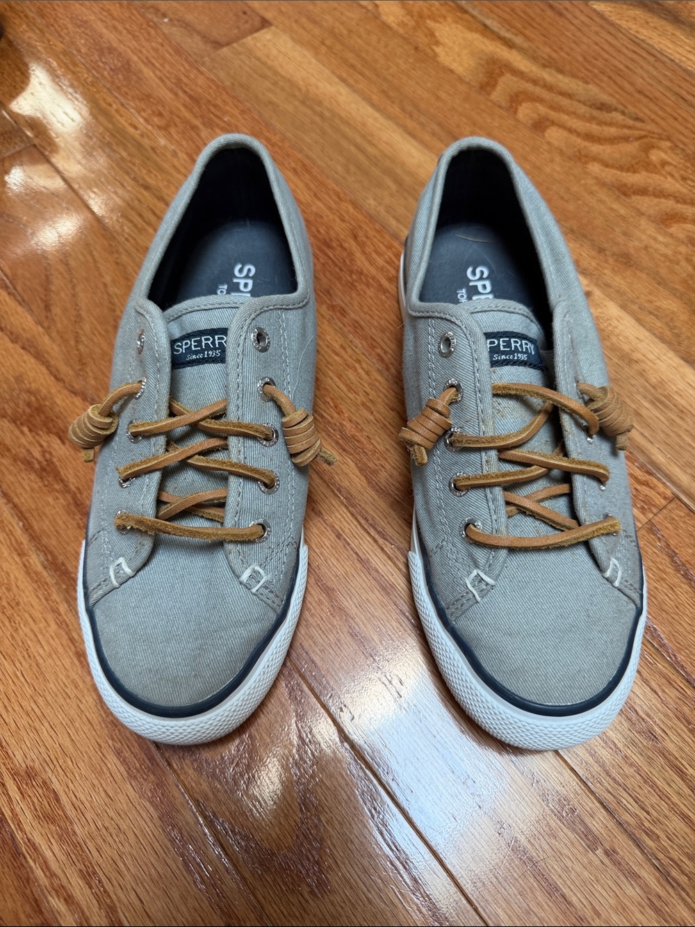 Sperry Women’s Canvas Boat Shoes in Light Gray with Tan Laces
